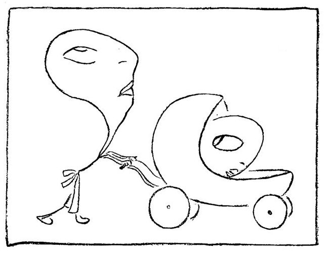 Cartoon in which a woman pushes a baby in a pram.