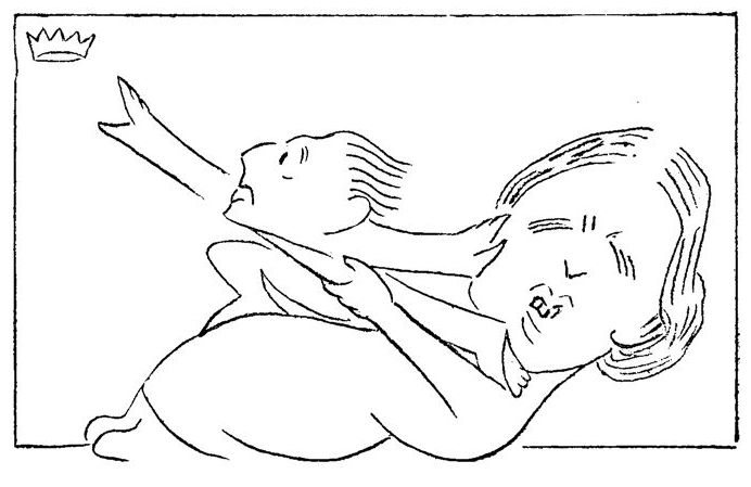 Cartoon of a woman holding a man back from grasping a crown.