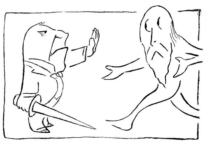 Cartoon of a clothed man with a sword stopping an older, naked man.