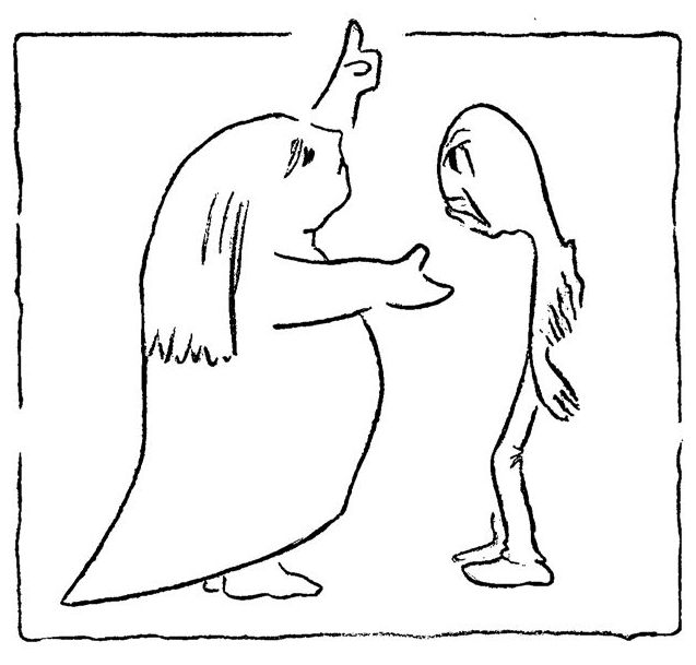 Cartoon of a woman preaching to a thin, wretched person.