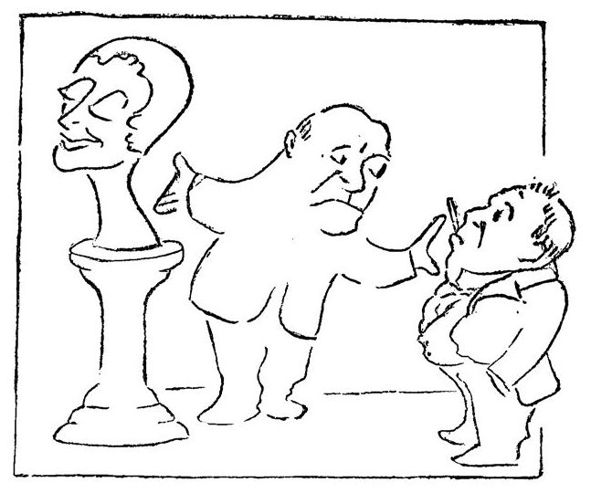 Cartoon of a man showing another the statue of a woman.