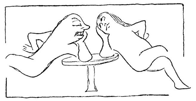 Cartoon of a man and woman chatting with their elbows on a table.