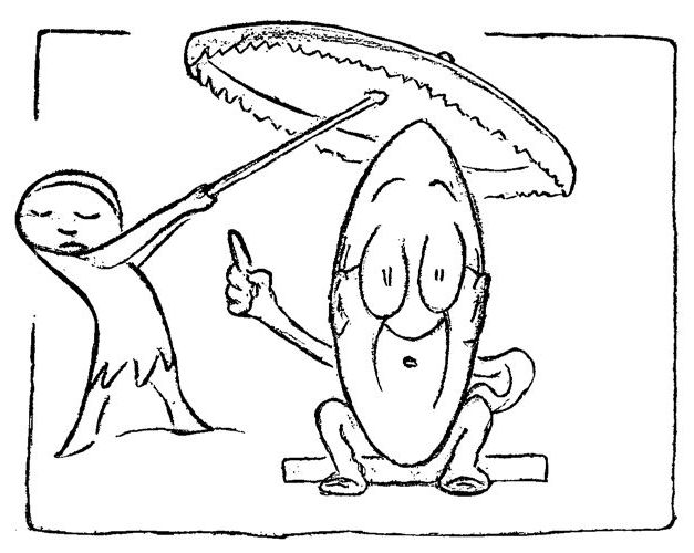 Cartoon of a man sitting under an umbrella.