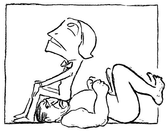 Cartoon of a man sitting on the head of another who is lying on his back.