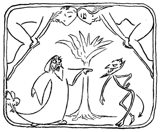 A cartoon of a man and a woman looking on as God and the Devil argue.