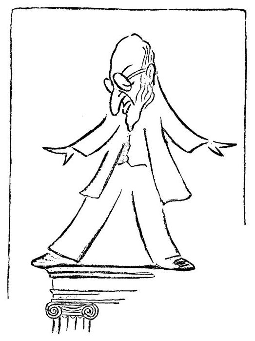 Cartoon of an older man on a pedestal and about to fall or jump off.